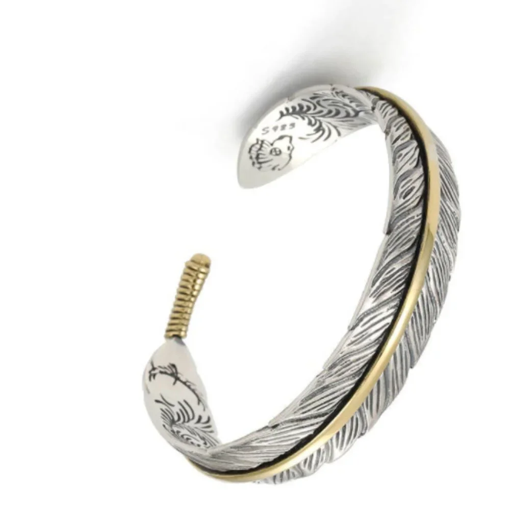 Takahashi Goro's Handmade Silver Golden Feather Cuff Bracelet Bangle